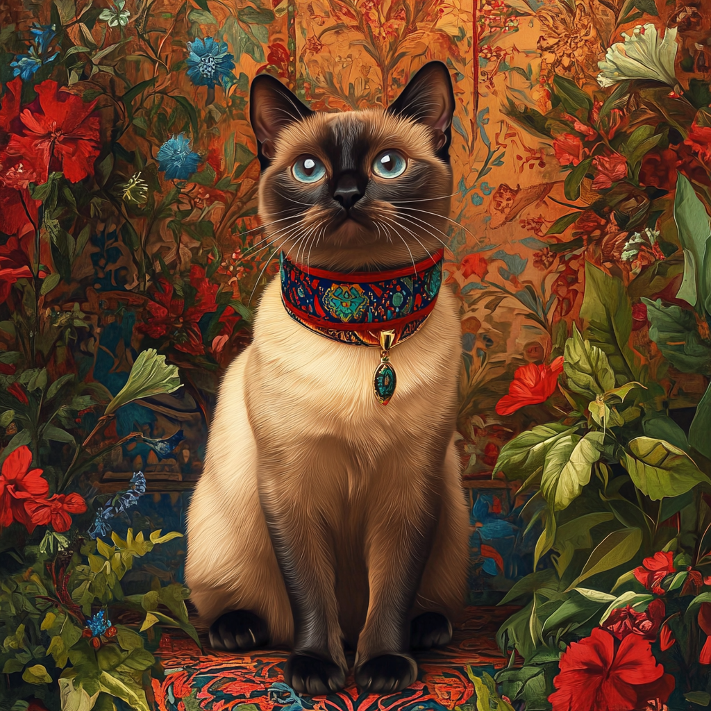 Siamese cat in Moroccan collar at garden retreat.