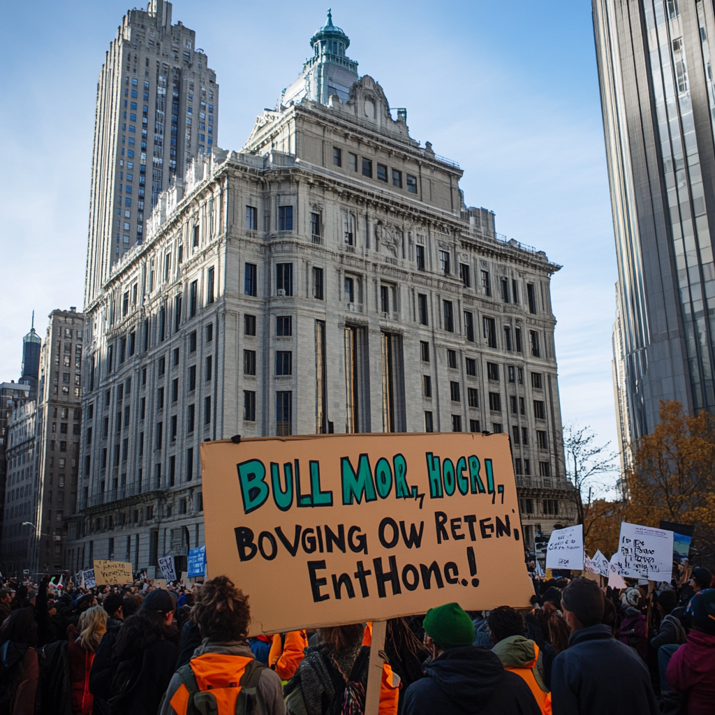 Sign for housing rally at NYC Hall.