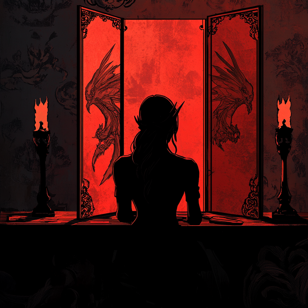 Silhouette of a fancy lady in a dungeon.