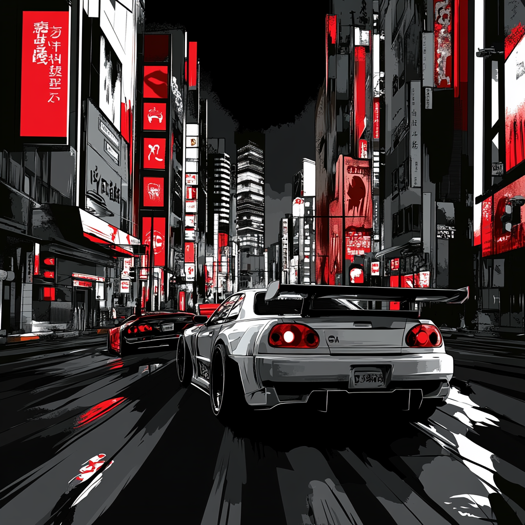 Silhouette of racing cars in Japan city street