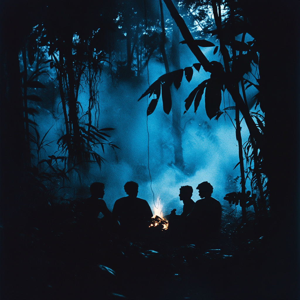 Silhouettes of people around fire in Amazon forest