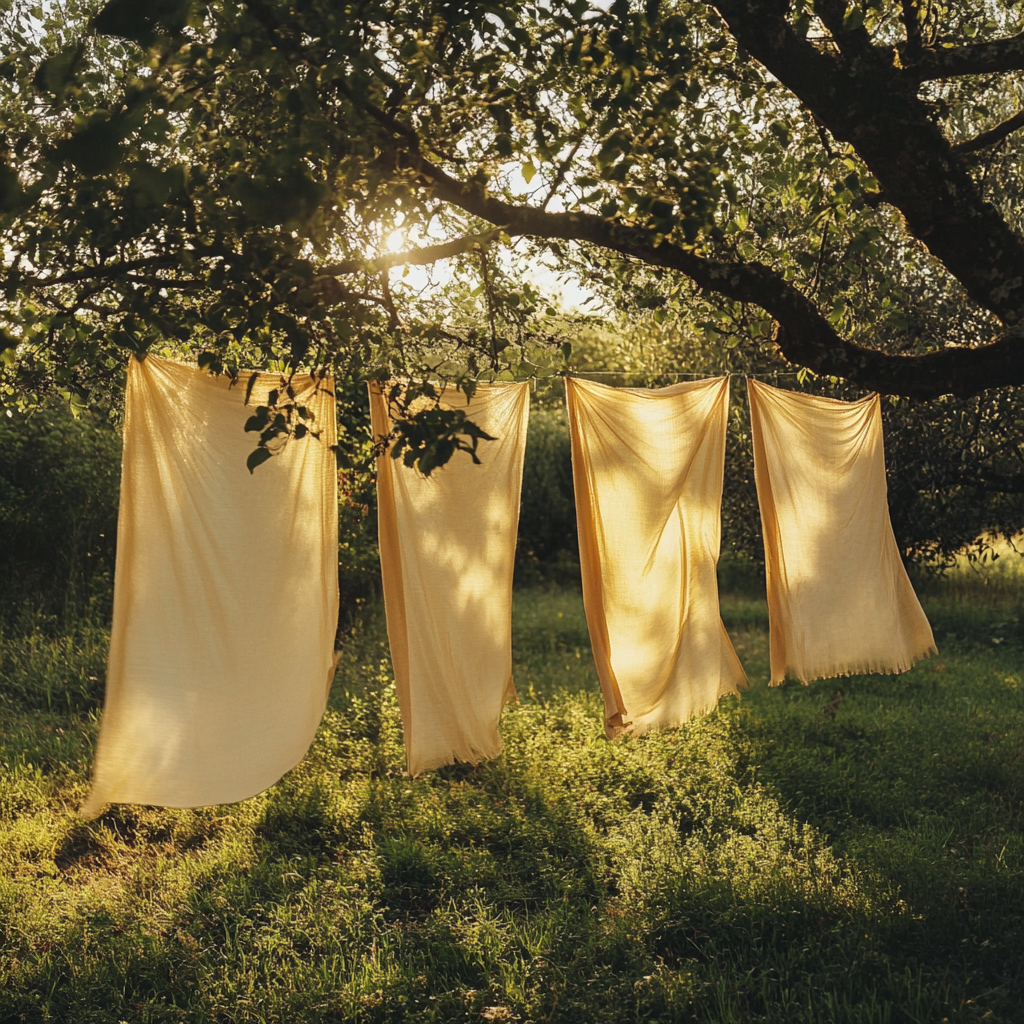 Silk sheets drying on line in sunny meadow