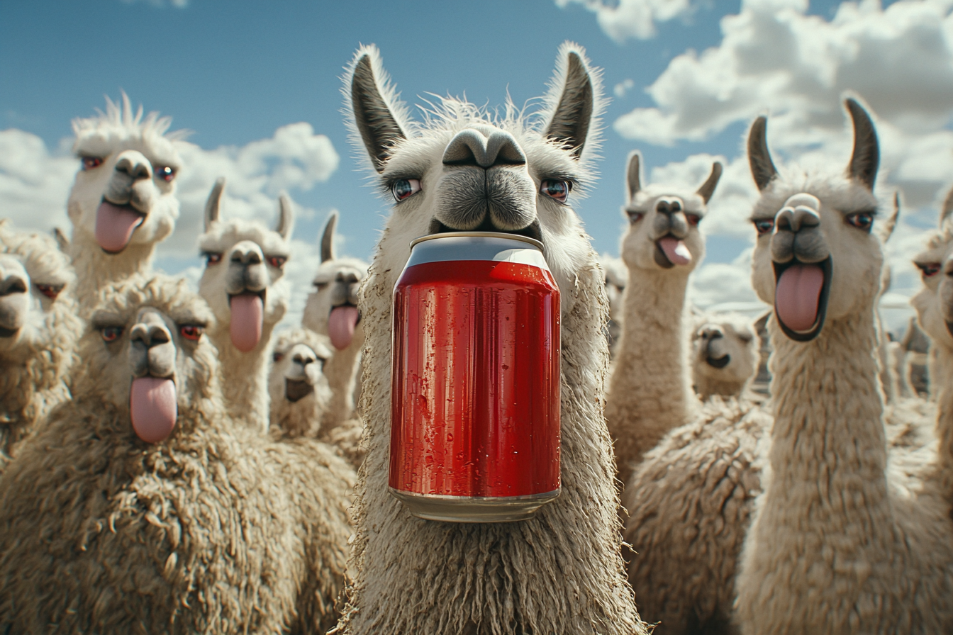 Silly llamas gather around giant beer can.