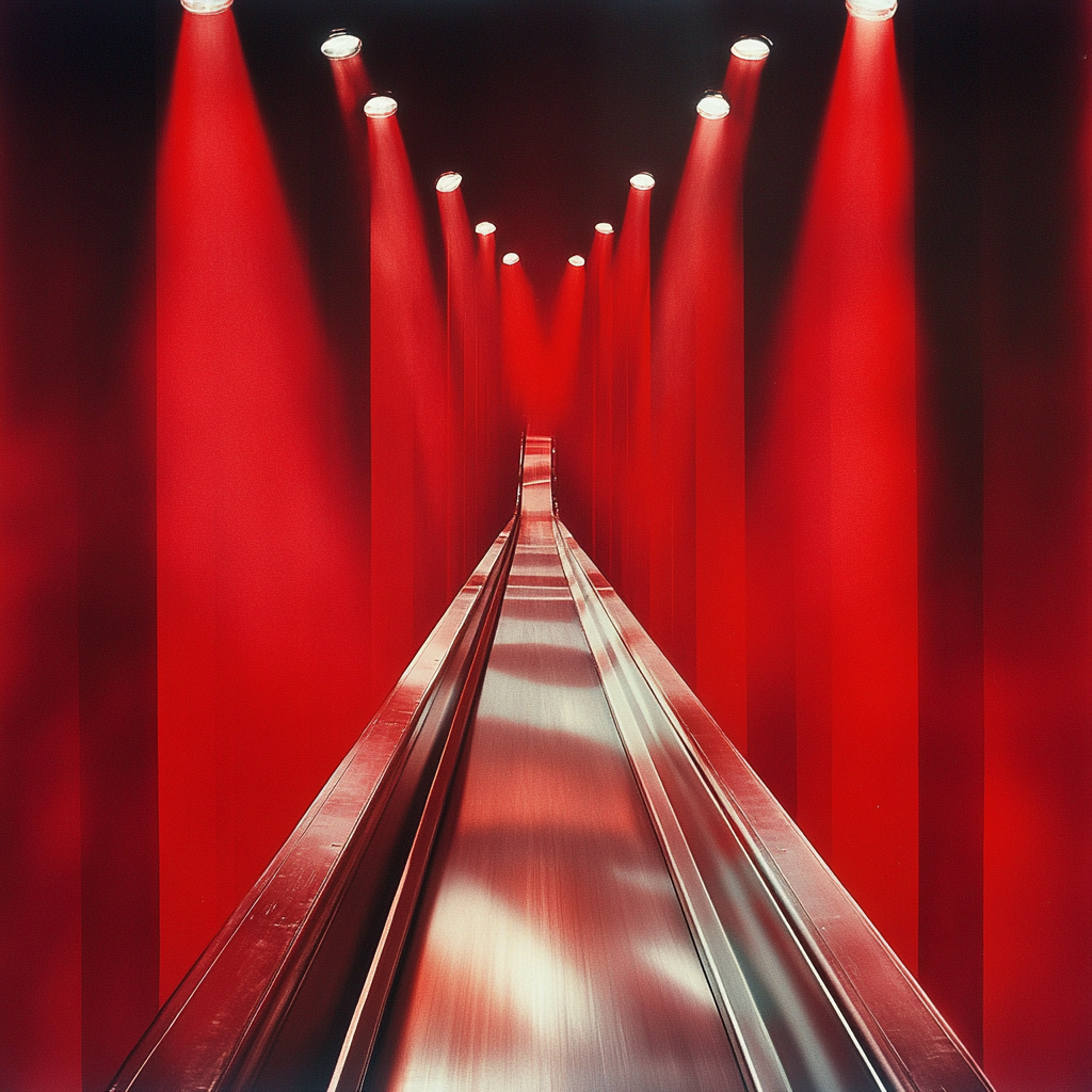 Silver conveyor belt in luxurious red room with spotlights