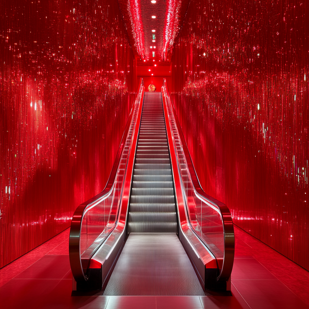 Silver escalator with conveyor belt in luxurious red room