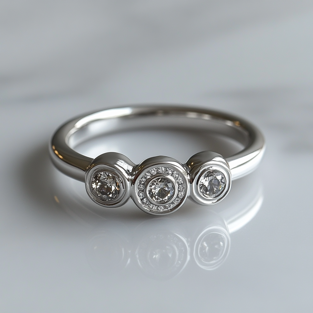 Silver ring with fidget spinner design, clear gemstones, polished bead.