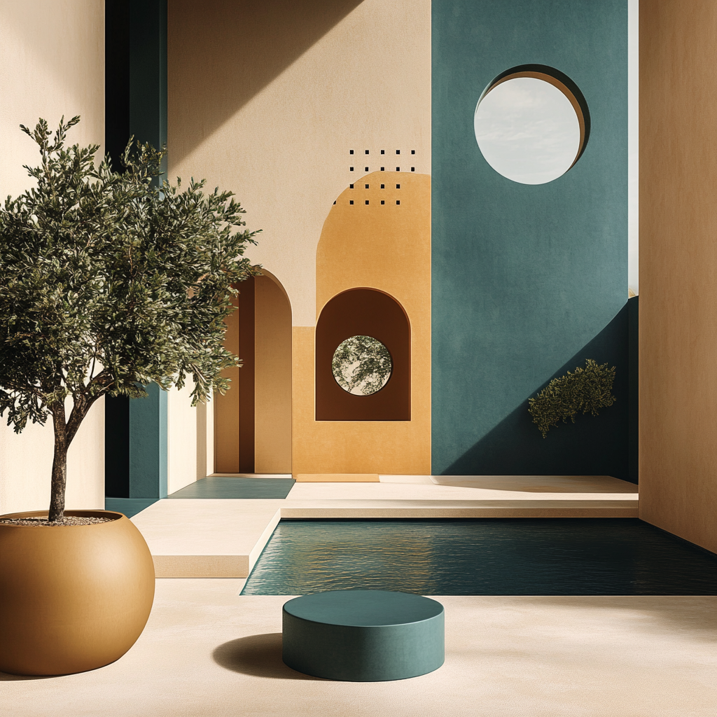 Simone Bossi-inspired architectural design with warm ochre tones.