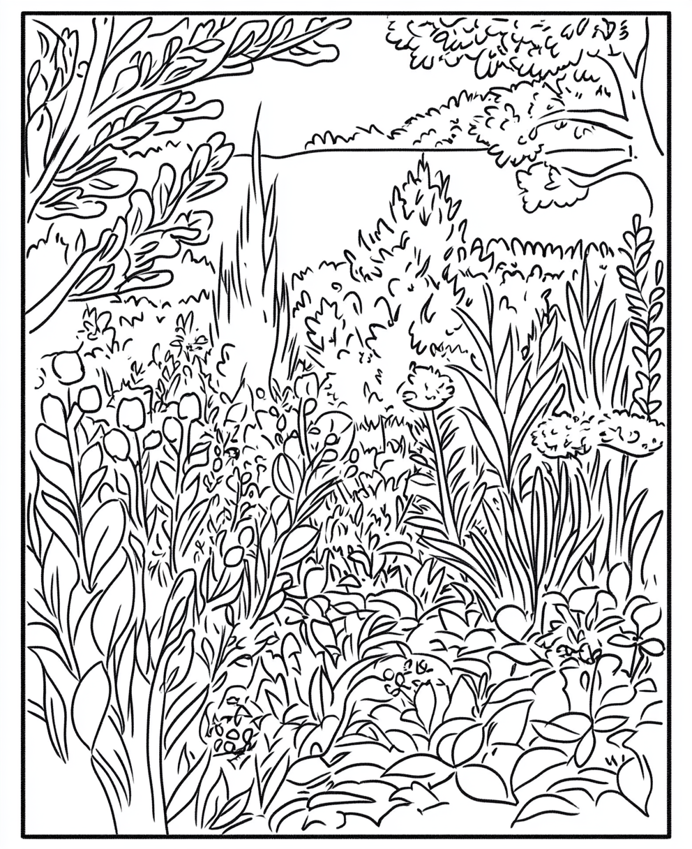 Simple black and white garden coloring page