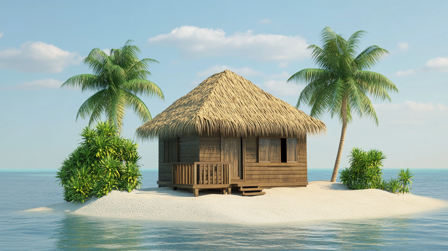 Simple island hut for resort servants with sand walls.