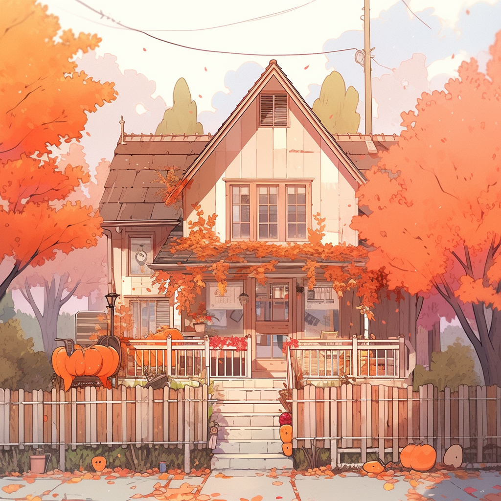 Simplistic anime drawing of Halloween-colored house.