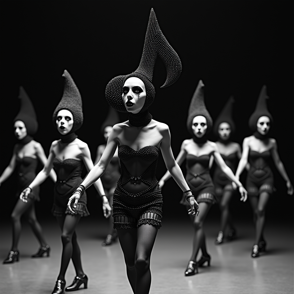 Sinister Circus Dancers in Beaded Headdress Ballroom