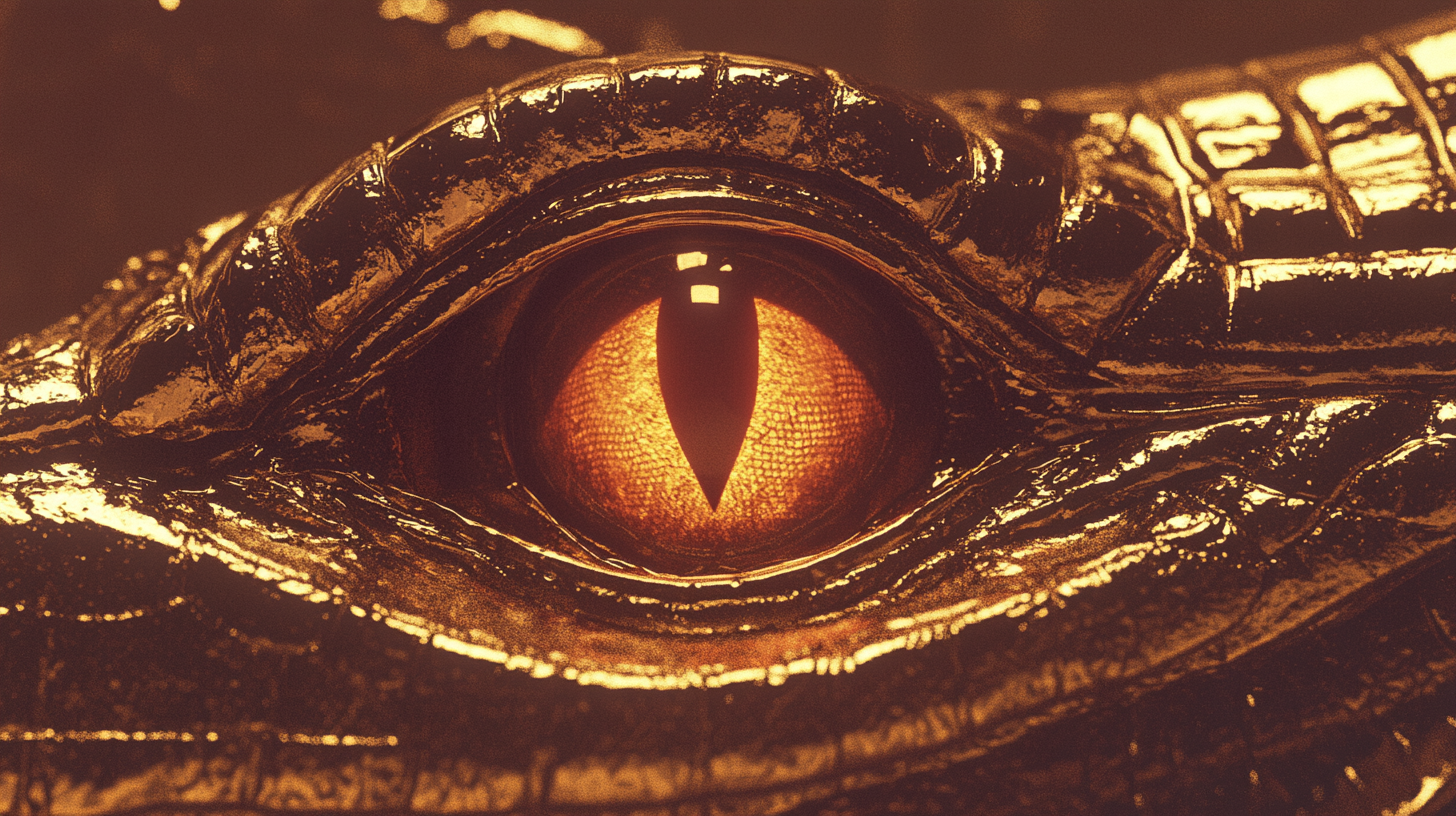 Sinister Crocodile Eye in Golden Shimmer: 1980s Movie Scene