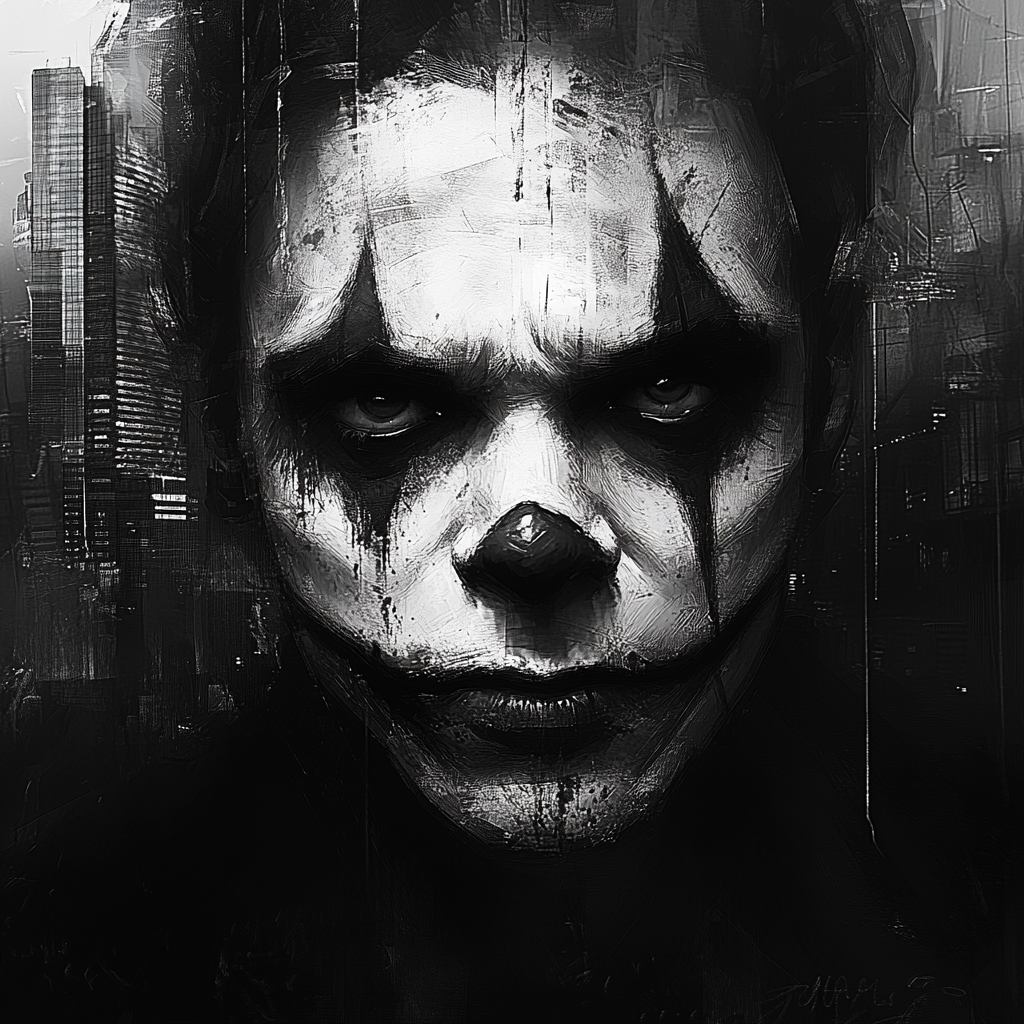 Sinister clown-like character in gritty urban setting.