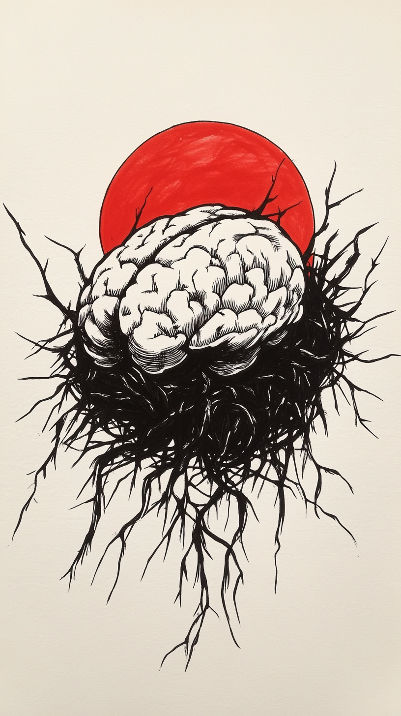 Sinister human brain surrounded by snakes, horror linocut.