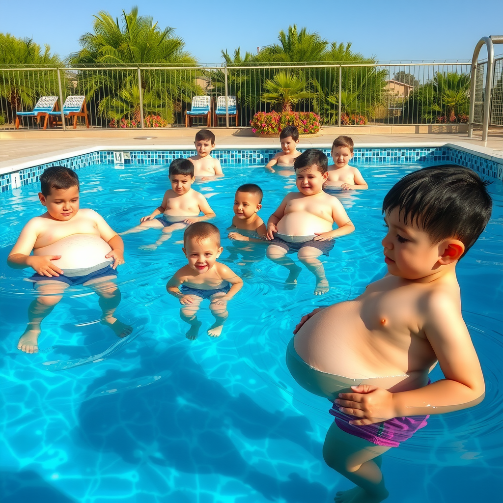 Six-Year-Old Boys Floating on Water with Big Bellies