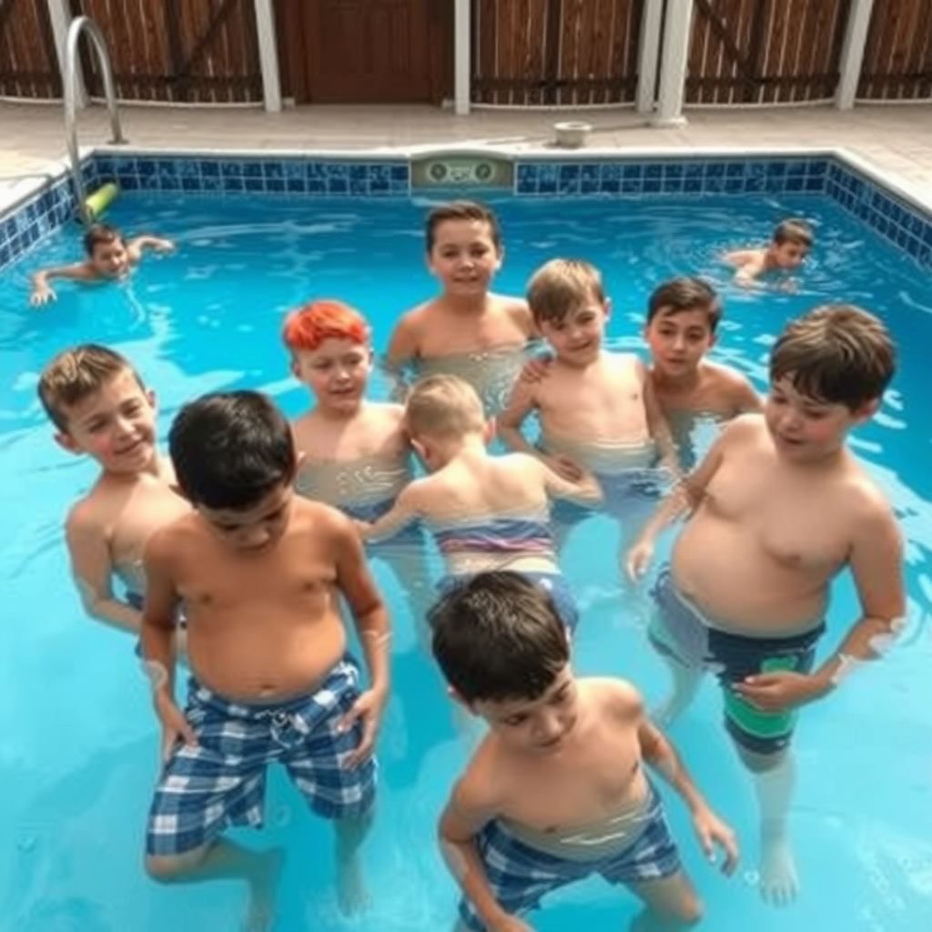 Six-Year-Old Boys with Big Bellies in Pool