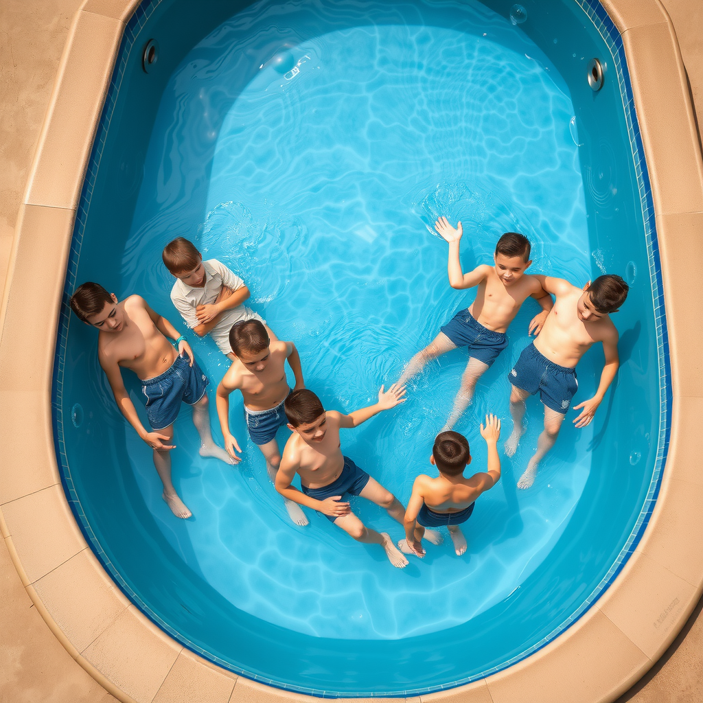 Six-Year-Old Boys with Enormous Bellies in Pool