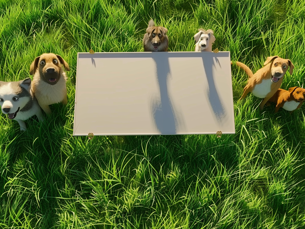 Six dogs next to campaign sign on green grass.