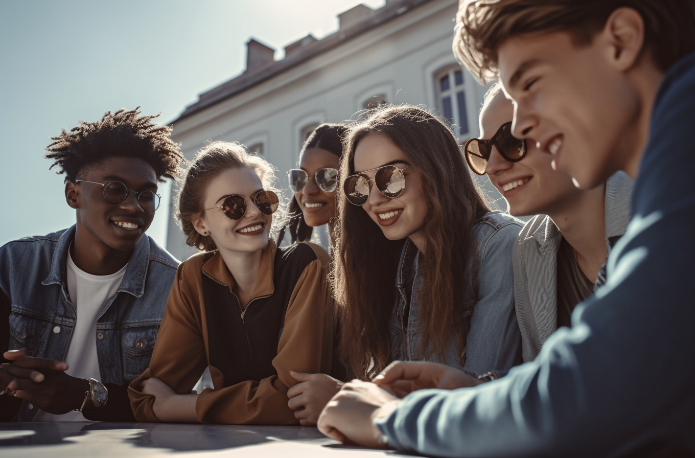 Six office workers laughing with man at laptop