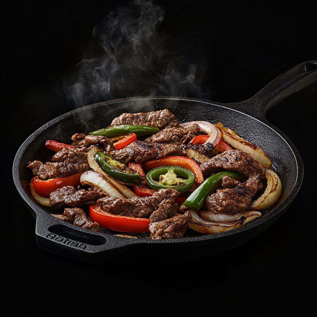 Sizzling Beef Fajitas on Hot Cast Iron Pan