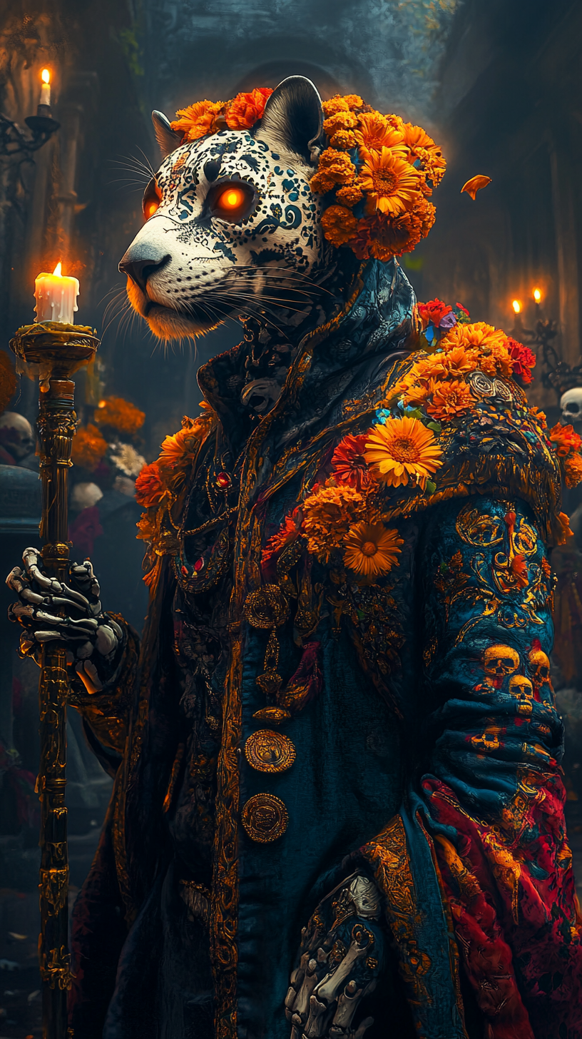 Skeletal Jaguar Celebrates Day of the Dead