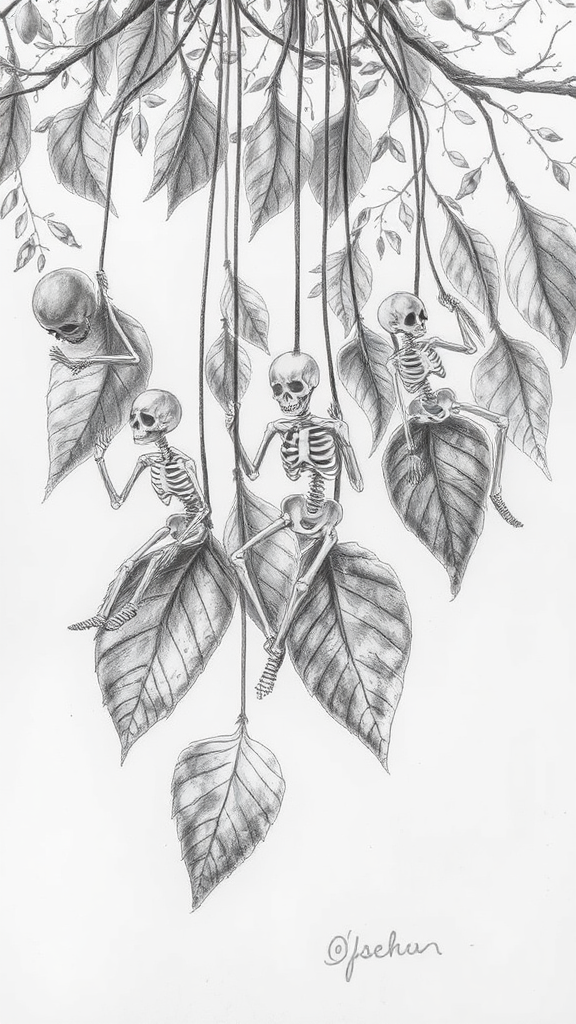 Skeletal friends enjoying fall leaves in whimsical setting.