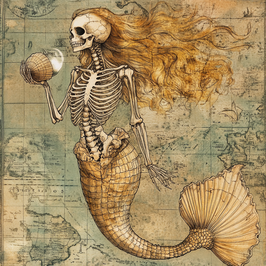 Skeleton Mermaid Holding Pearl on Old Map Illustration