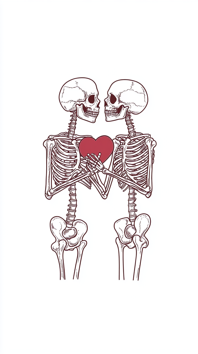 Skeleton couple hugging, heart in hand, white background