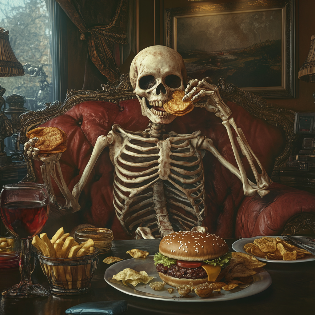 Skeleton gobbles food in fancy house