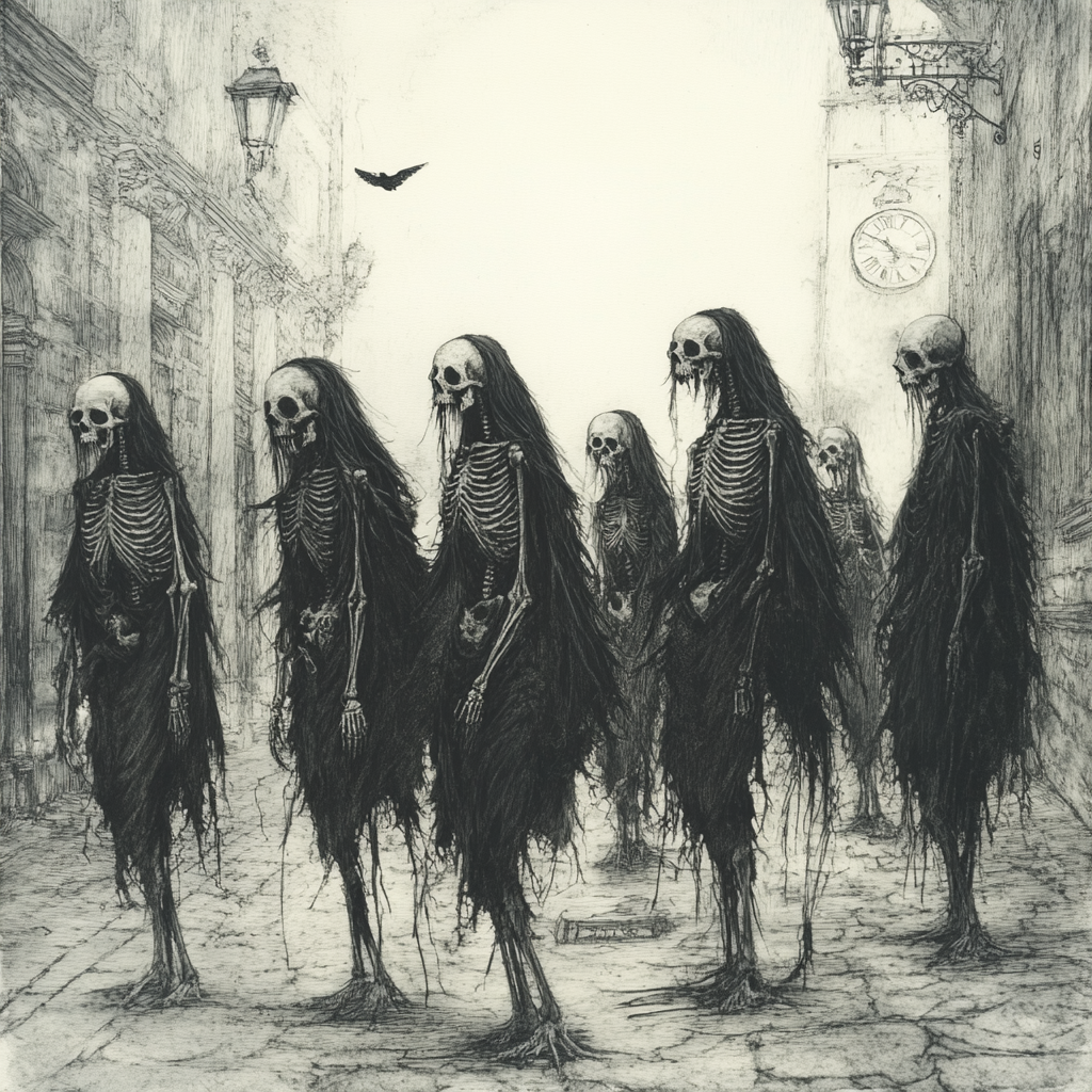 Skeleton procession in black attire under fog, eerie solitude.