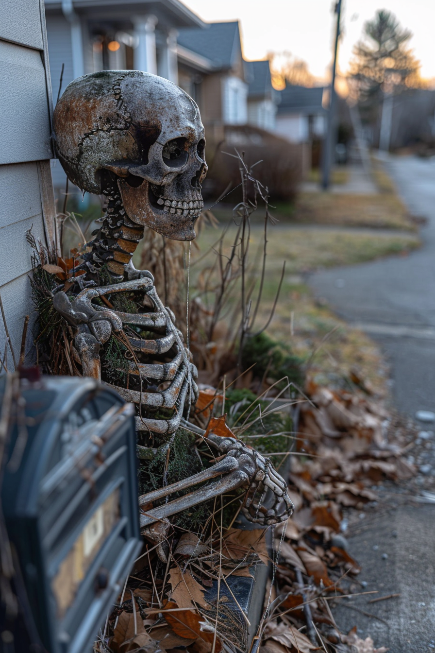 Skeleton waiting by mailbox in suburban neighborhood