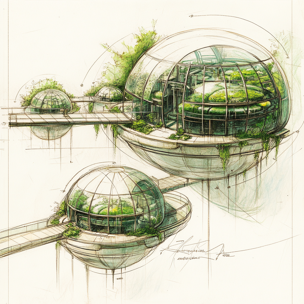 Sketch of biopark with green house domes and walkways