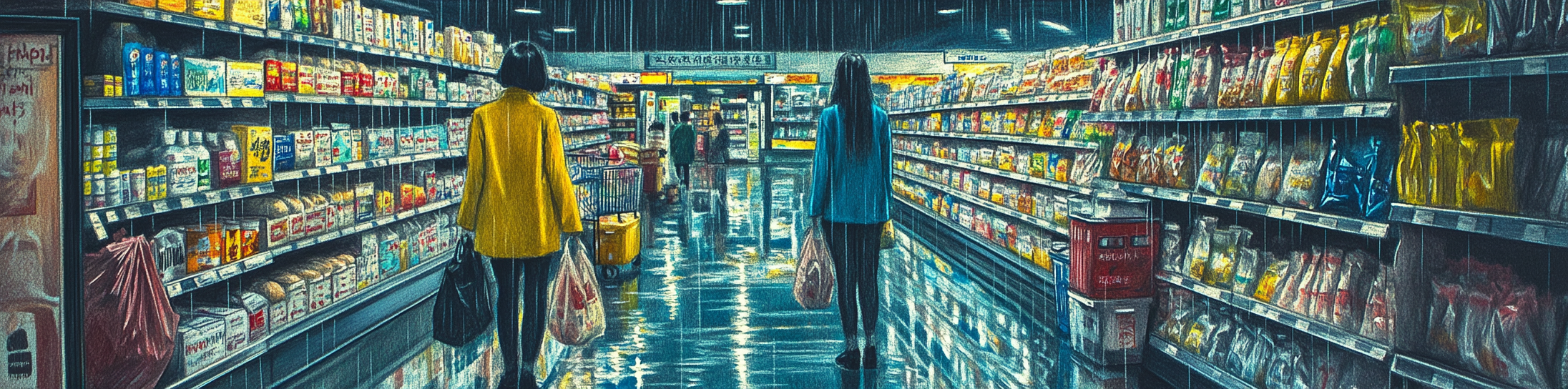 Sketch of colorful supermarket, symmetrical layout, vibrant outfits.