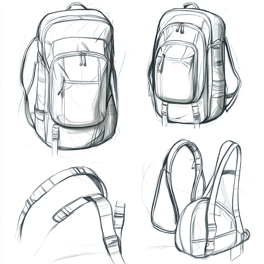 Sketches of gym bag with zipper, side opening, straps, and handles.