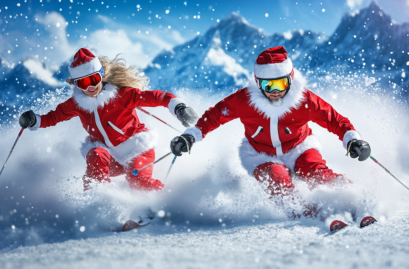 Skiers in Christmas outfits skiing down snowy mountain.