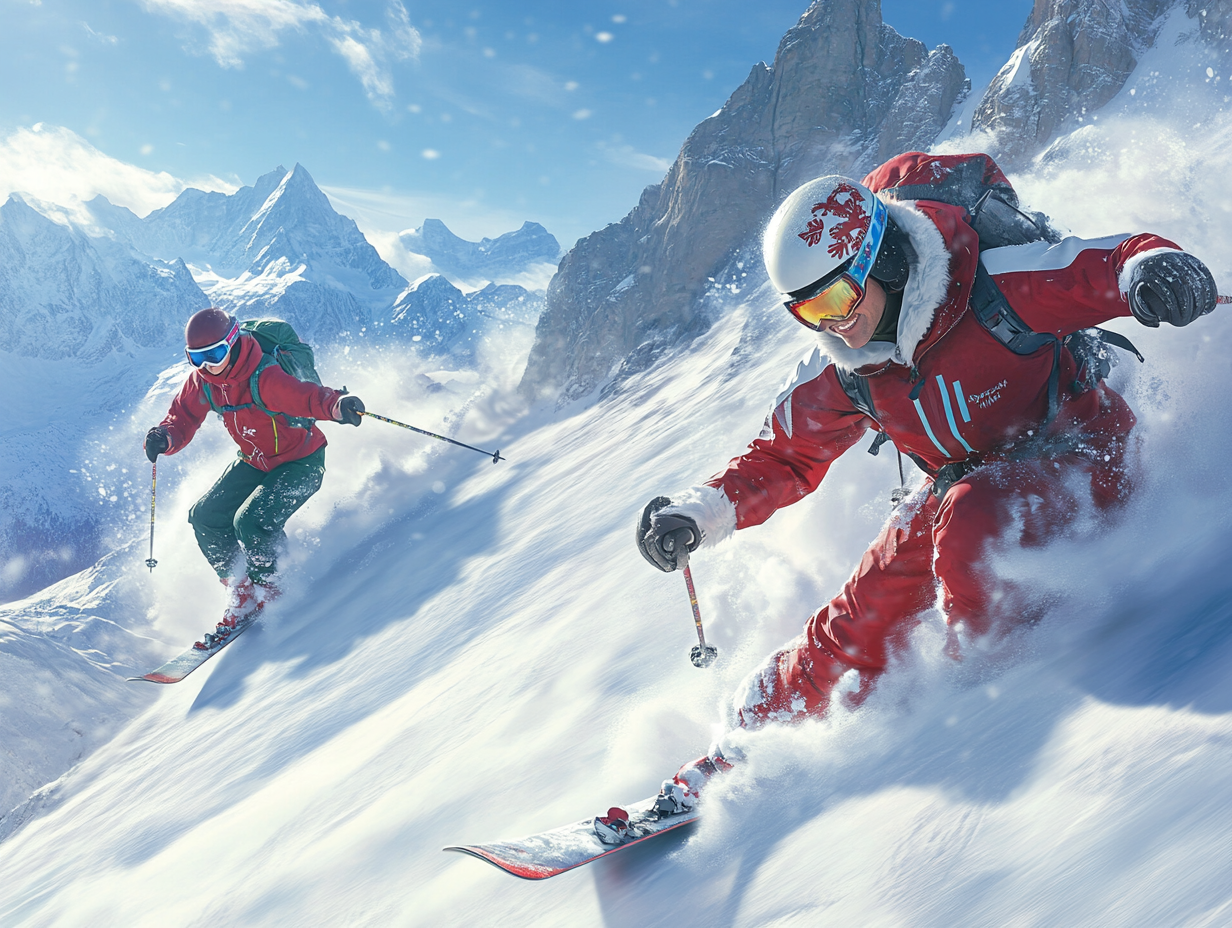 Skiing Couple on Snowy Mountain in Christmas Outfits.