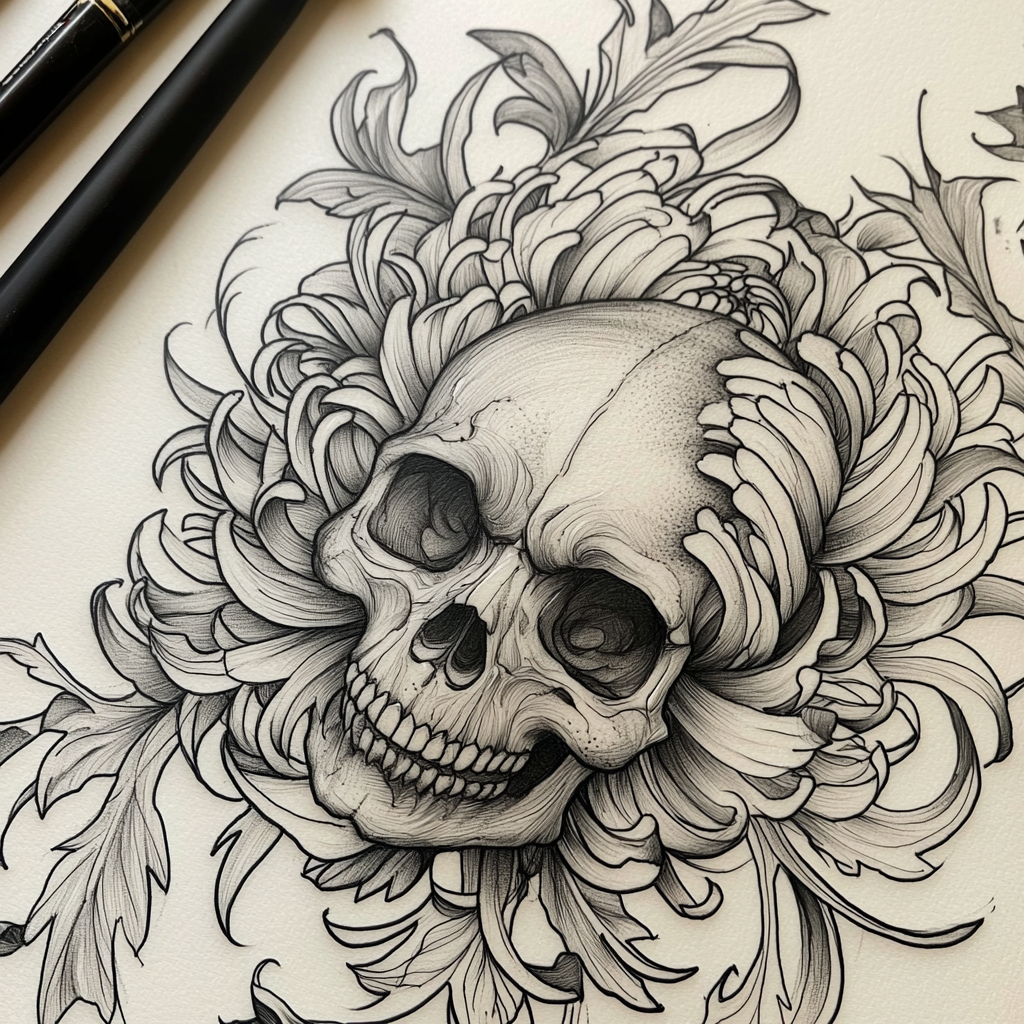 Skull and Flower Tattoo in Black and Grey