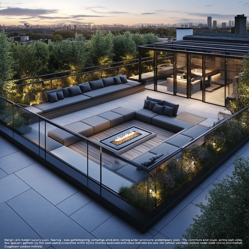 Sleek, modern rooftop garden with stylish furniture and lighting.