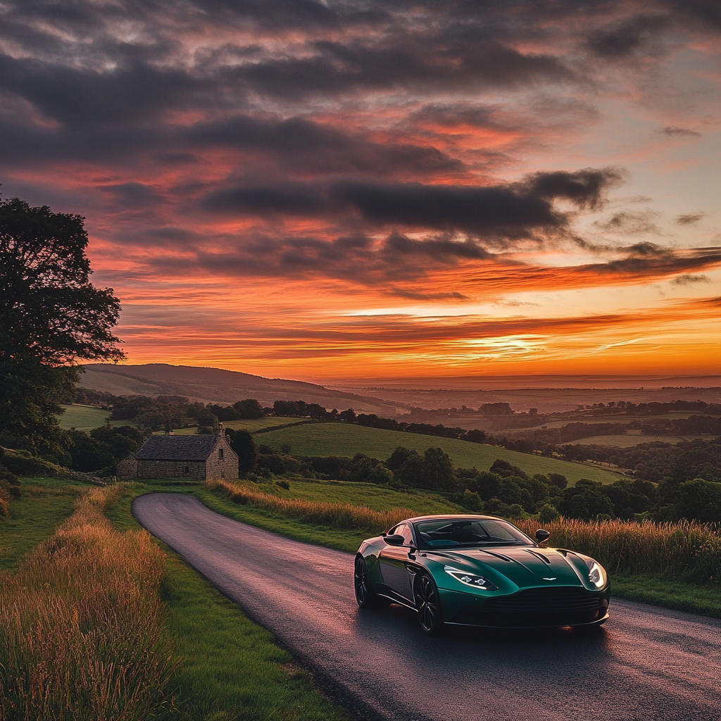 Sleek Aston Martin on British road at sunset