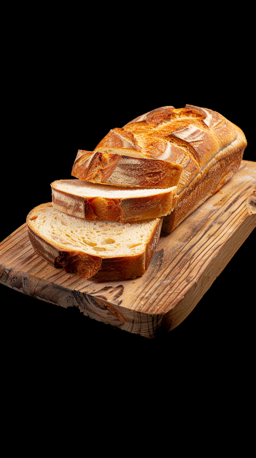 Sliced sourdough bread on wooden board, dark background