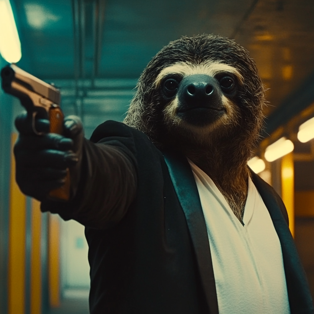 Sloth dressed as Jules from Pulp Fiction movie scene.