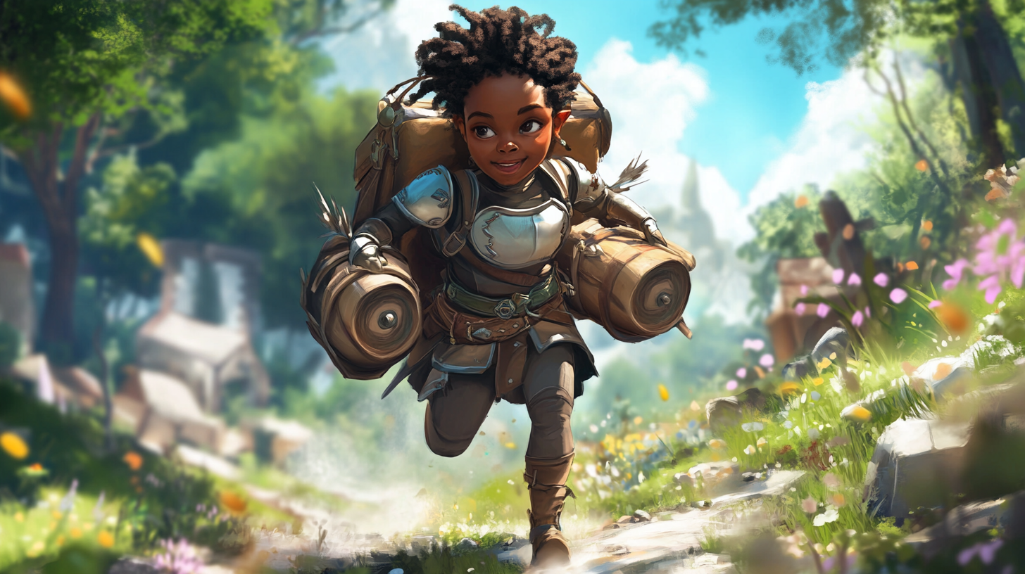 Small African American Halfling in Cleric Armour Running