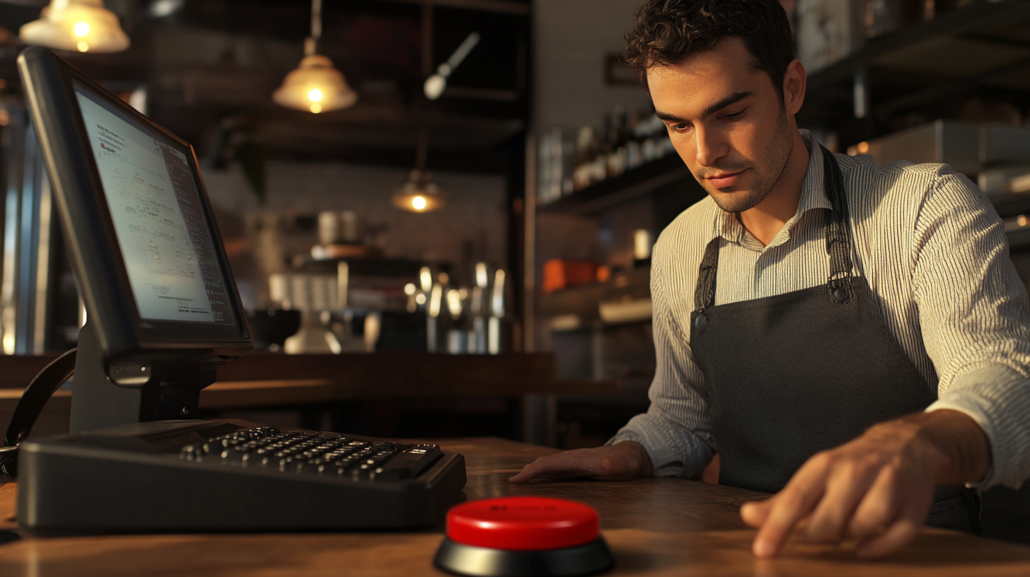 Small Business Owner in Restaurant Presses Red Start Button