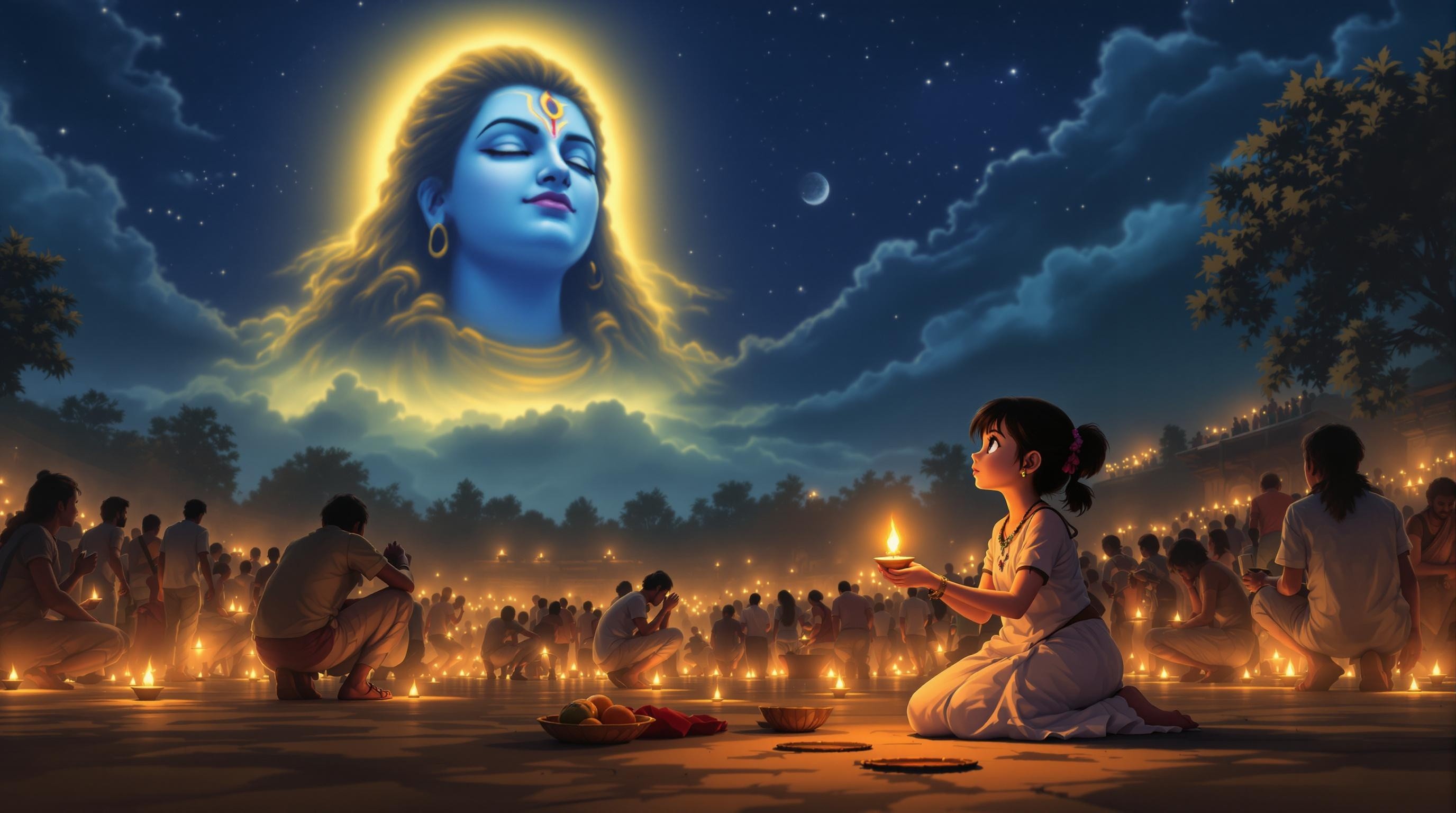 Small Girl Spotting Lord Shiva in Moonlit Sky