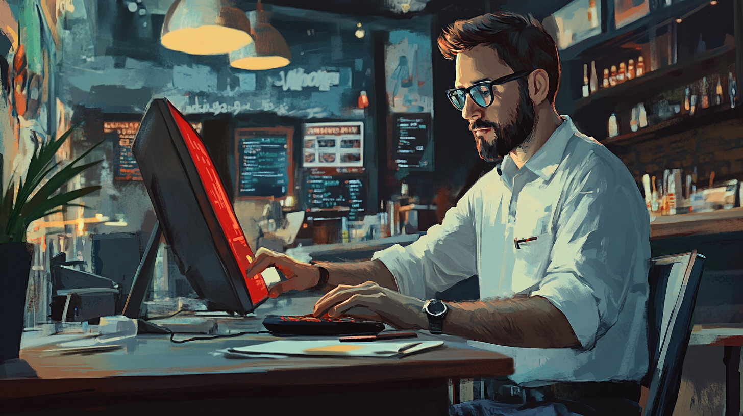 Small business owner pressing large red button