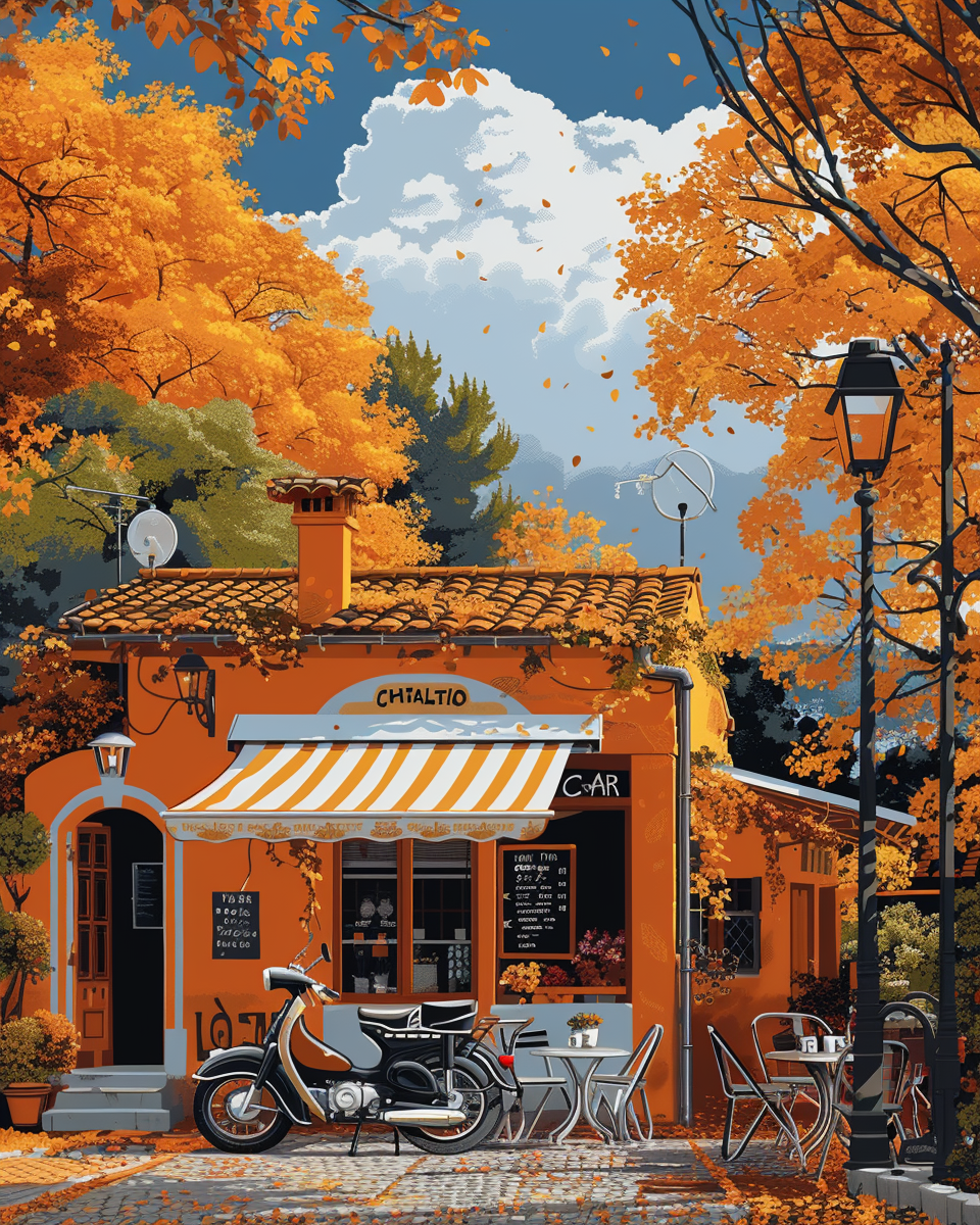 Small cafe with vintage motorbike, people enjoying coffee outside.