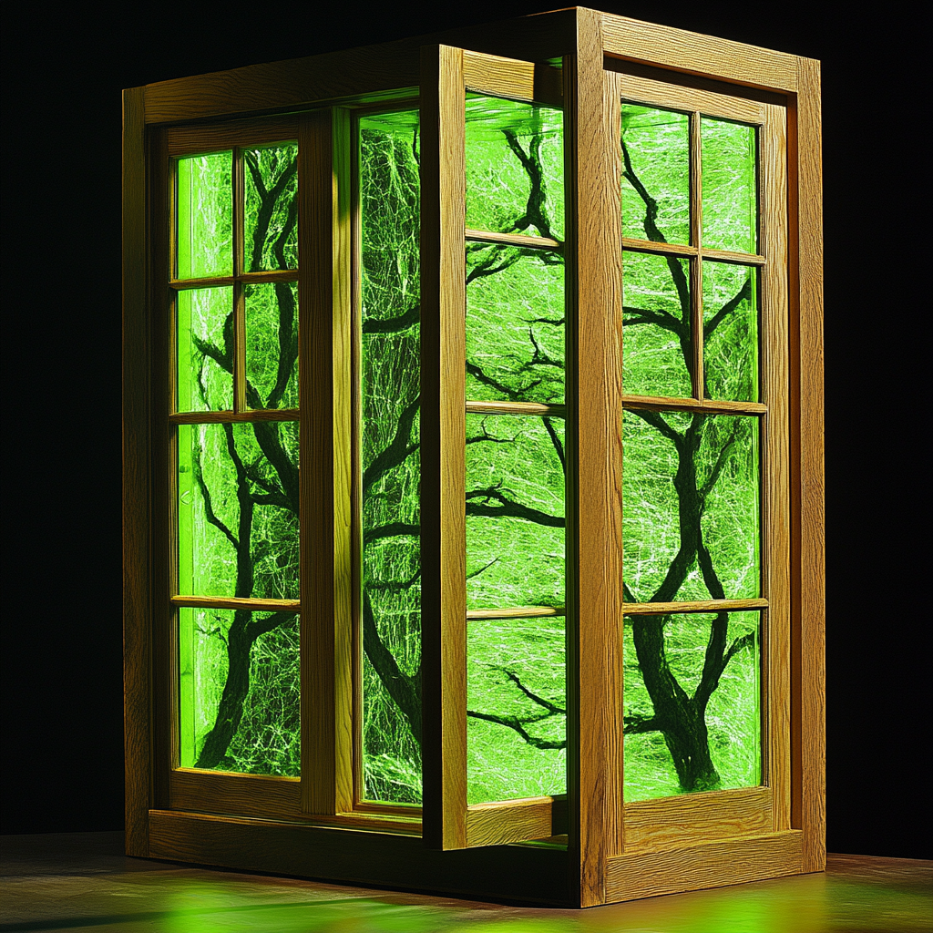 Smart window changes color from wood to green.