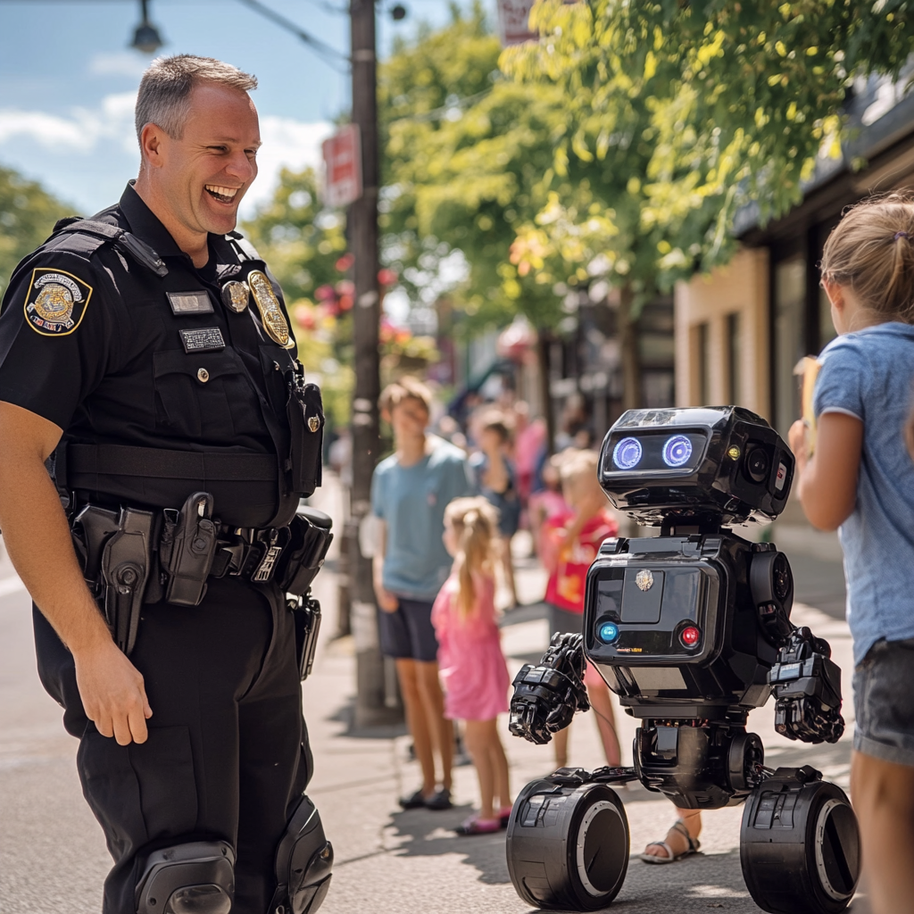 Smiling Canadian Police Officer Patrols City with Walking Robot