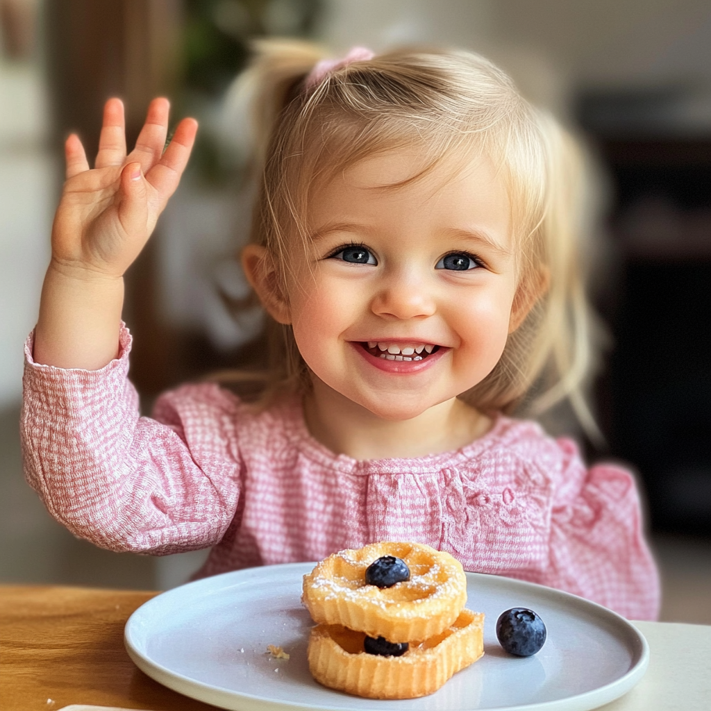 Smiling Girl in Pink Eating Blueberry Friand