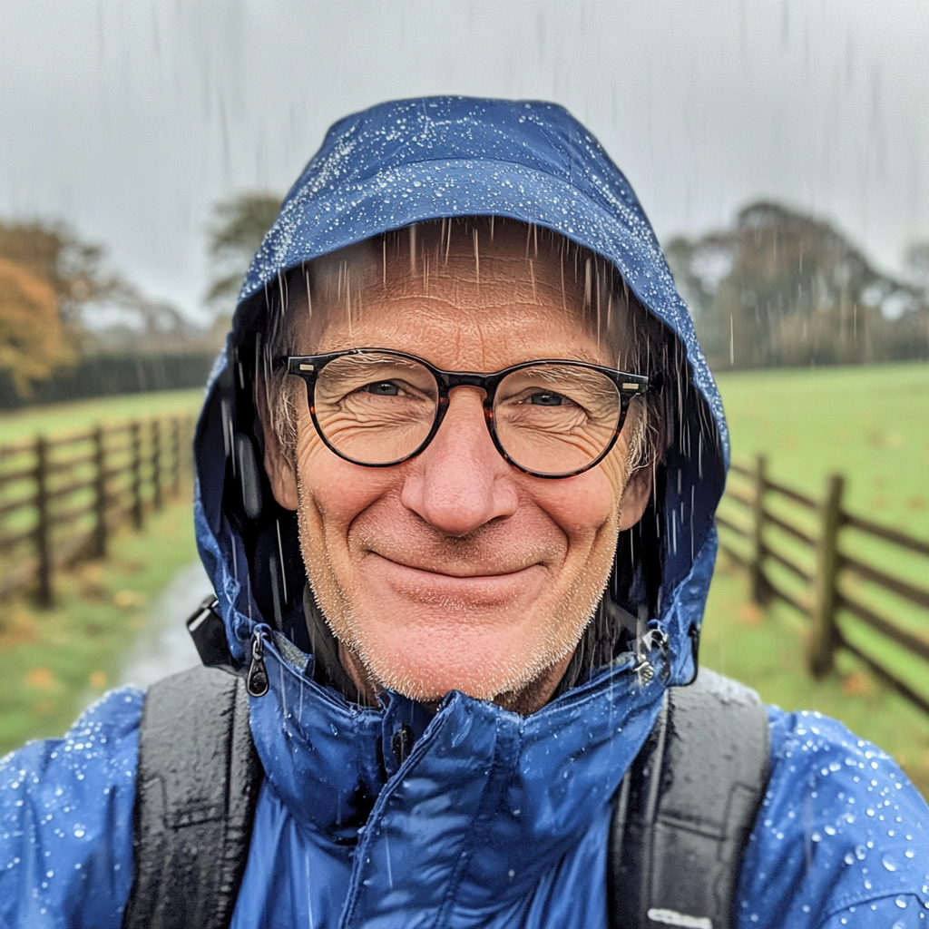 Smiling Grandpa in Rainy English Countryside